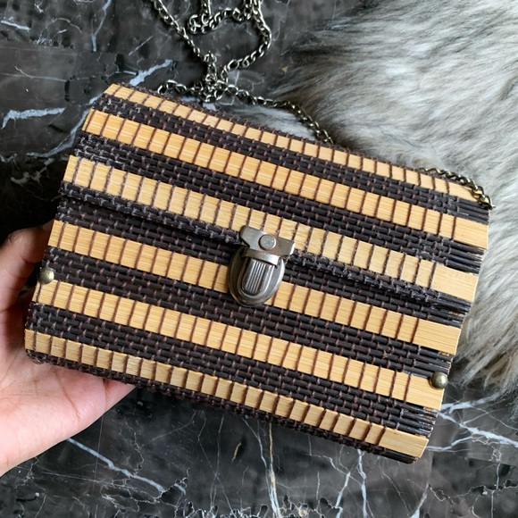 Vintage Handbags - Vintage Wood Purse Tropical Bohemian Crossbody Cottagecore